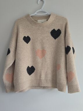 Pink Martini Beige Crewneck Sweater with Black and Pink Hearts